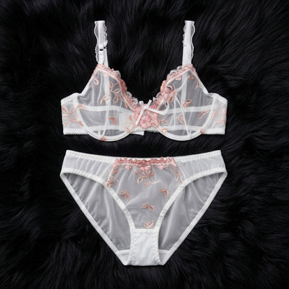 Elegant Non-Padded Floral Embroidered Mesh Bra & Panty Set -9980