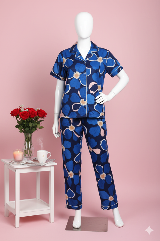 Flourish Women’s Linen Pajama Set – 2-Piece Blue Floral Print Nightwear