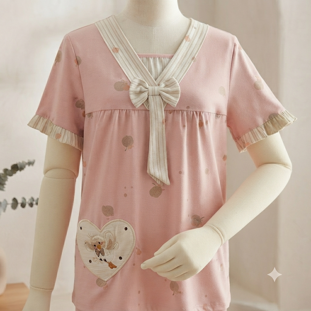 Women's Round Neck Short Sleeve Ruffle Trim Solid Color Nightwear Pajamas - Soft & Comfortable