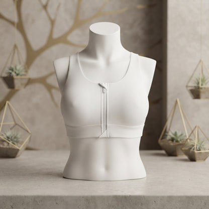 Premium Pure White Front-Zip Athletic Sports Bra