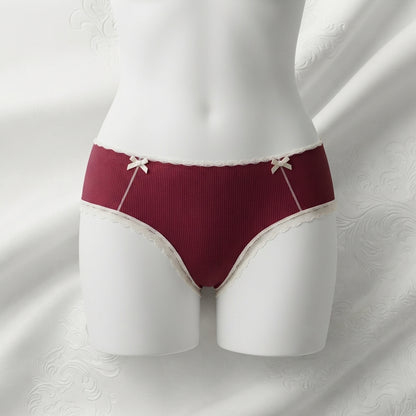 Women's Ribbed Cotton Briefs with Lace Trim & Bow Accents -6126