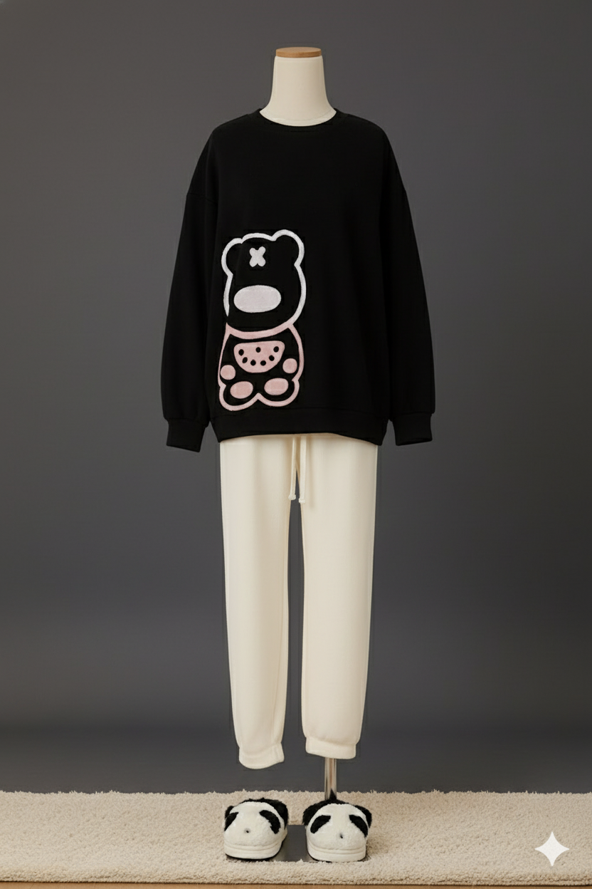 Flourish 2-Piece Cozy Bear Lounge Set – Black Knitted Sweater & White Fleece Trouser 8751