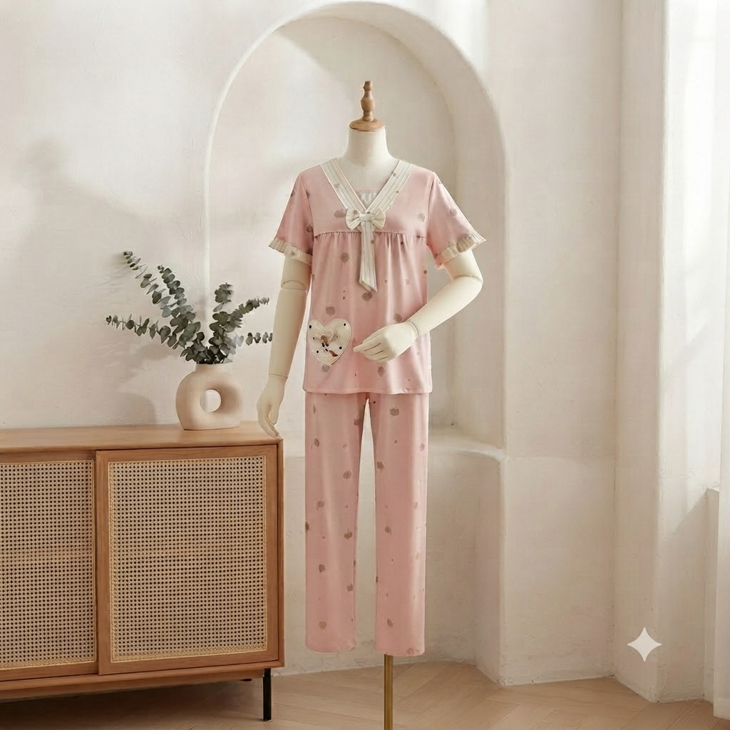 Women's Round Neck Short Sleeve Ruffle Trim Solid Color Nightwear Pajamas - Soft & Comfortable