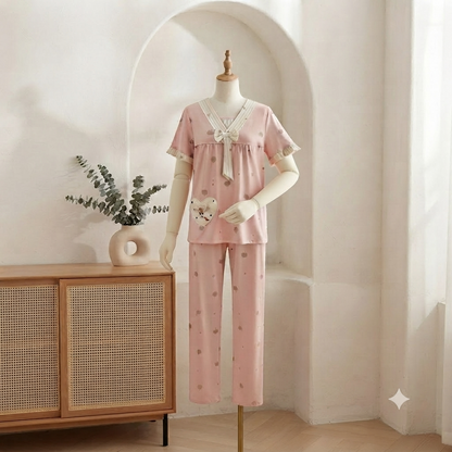Women's Round Neck Short Sleeve Ruffle Trim Solid Color Nightwear Pajamas - Soft & Comfortable
