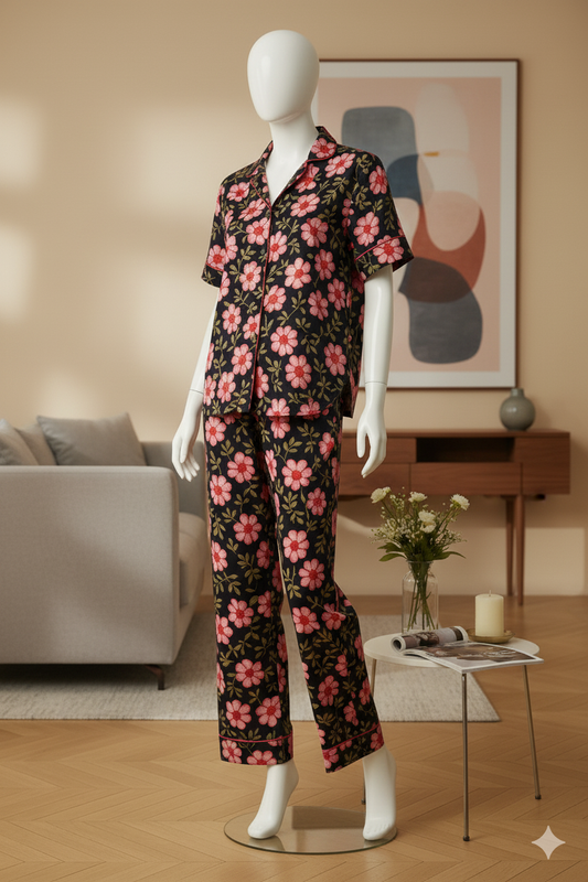 Flourish Women’s Linen Pajama Set – 2-Piece Black Floral Print Nightwear
