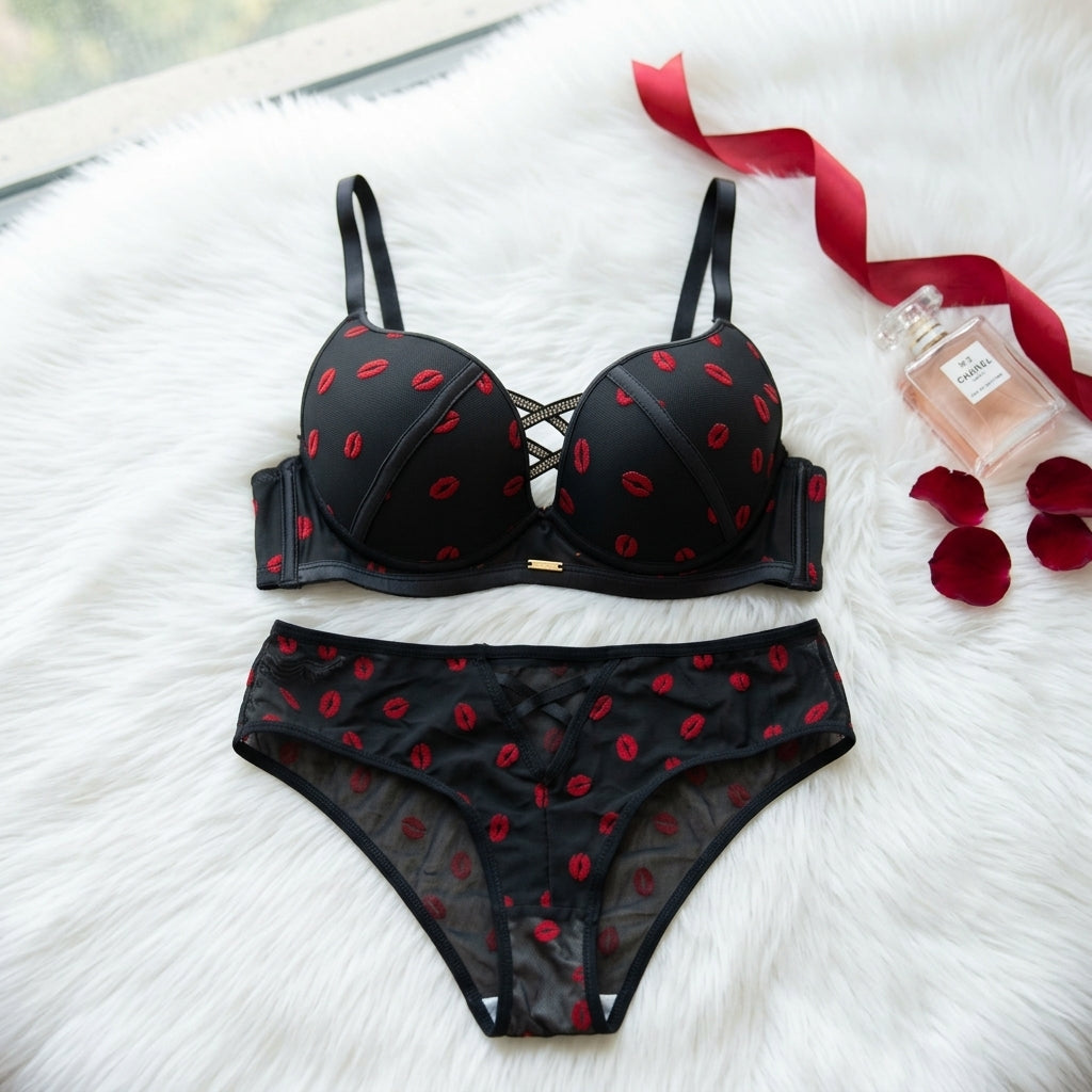Romantic Lip Print Mesh Lingerie Set – Push-Up Bra & Strappy Panty -2090 Kiss print