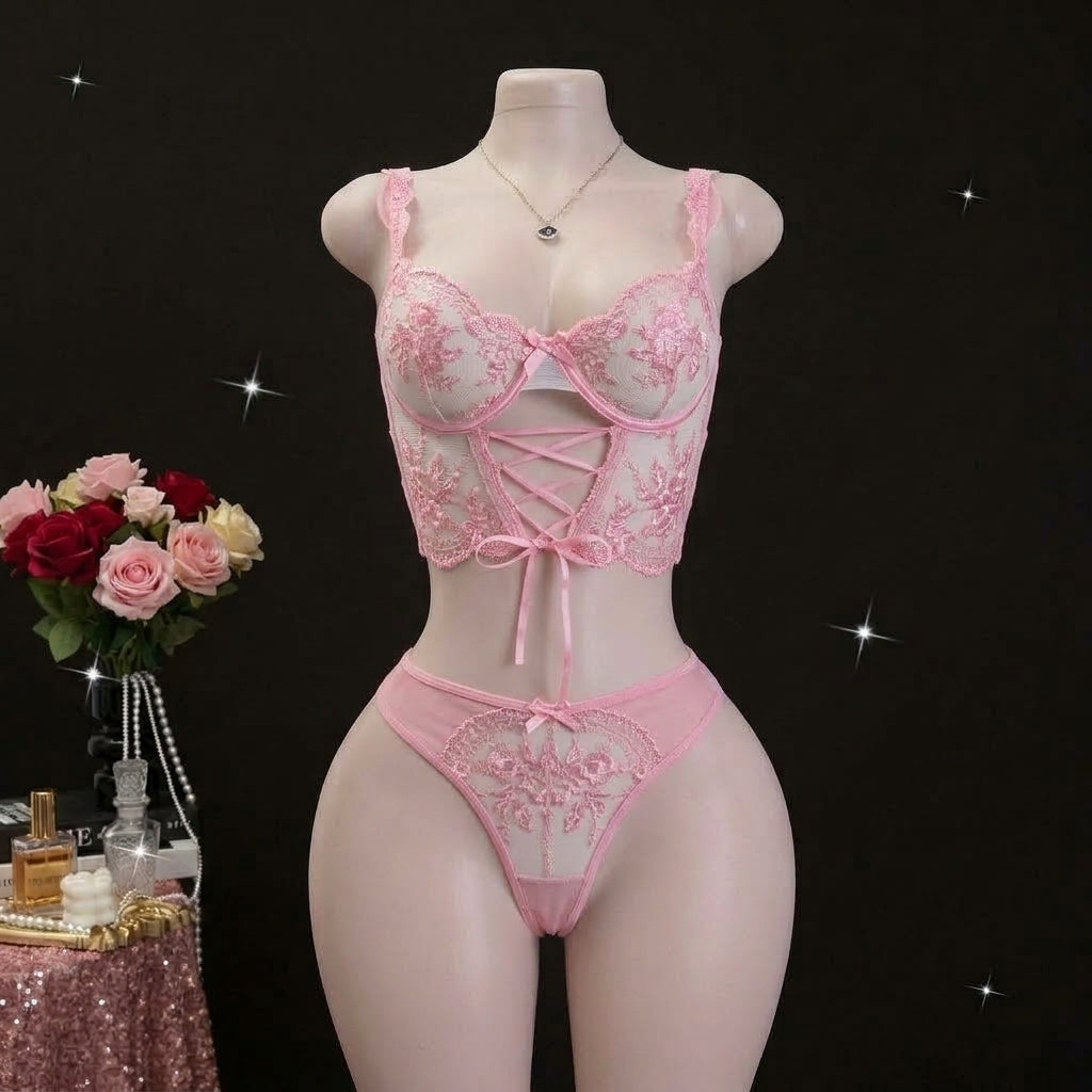 Lingerie Set - Sexy  Flirty Hot  Floral Embroidered Design Perfect for Adults -B024