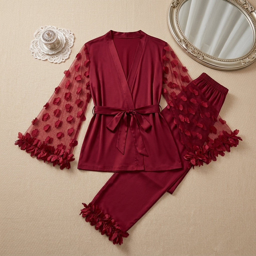 Luxury Milky-Silk  Lounge Set – V-Neck Wrap Top with Heart Mesh Sleeves & Ruffle Cuffs -912