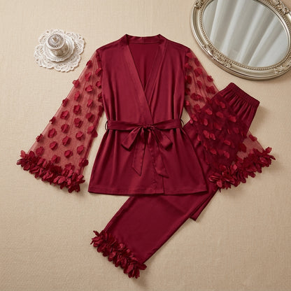 Luxury Milky-Silk  Lounge Set – V-Neck Wrap Top with Heart Mesh Sleeves & Ruffle Cuffs -912
