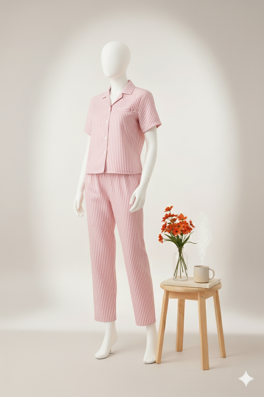 Flourish Women’s Linen Pajama Set – 2-Piece Vertical Striped Pajama Set Print Nightwear