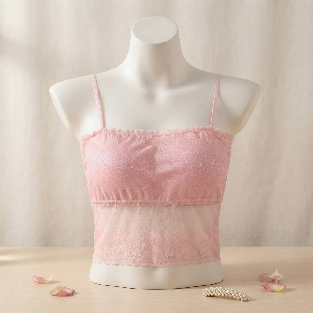 Elegant Pink Lace Overlay Strappy Crop Top