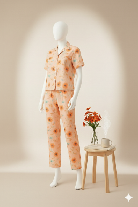 Flourish Women’s Linen Pajama Set – 2-Piece Peach Bloom Print Nightwear