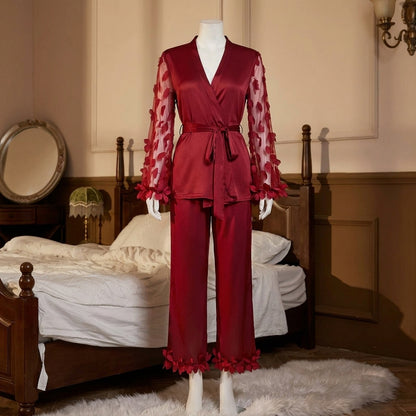 Luxury Milky-Silk  Lounge Set – V-Neck Wrap Top with Heart Mesh Sleeves & Ruffle Cuffs -912