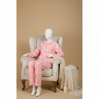 Flourish Fleece Button-Up Winter Pajama Set – Baby Pink Kitty Print Edition