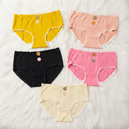Pack of 3 Aesthetic Ribbed Cotton Panties with Floral Accents -6008