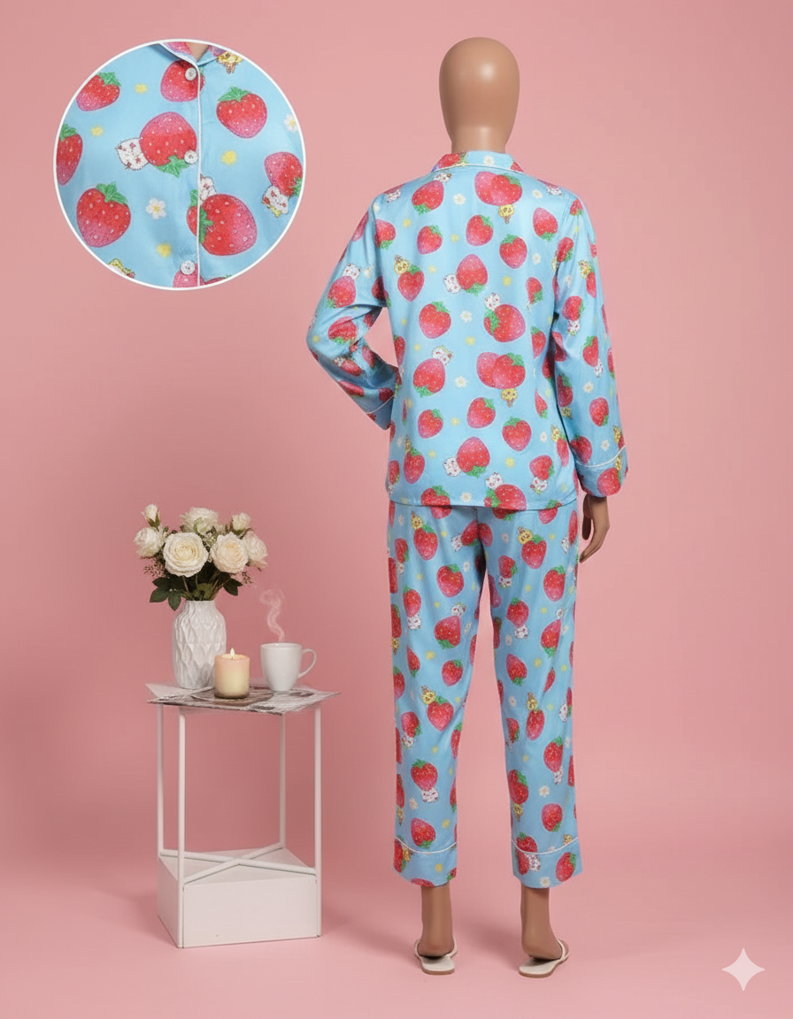 Flourish Women’s Full Sleeve Strawberry Print Pajama Set – Soft & Cozy Nightwear Strawberry Dream