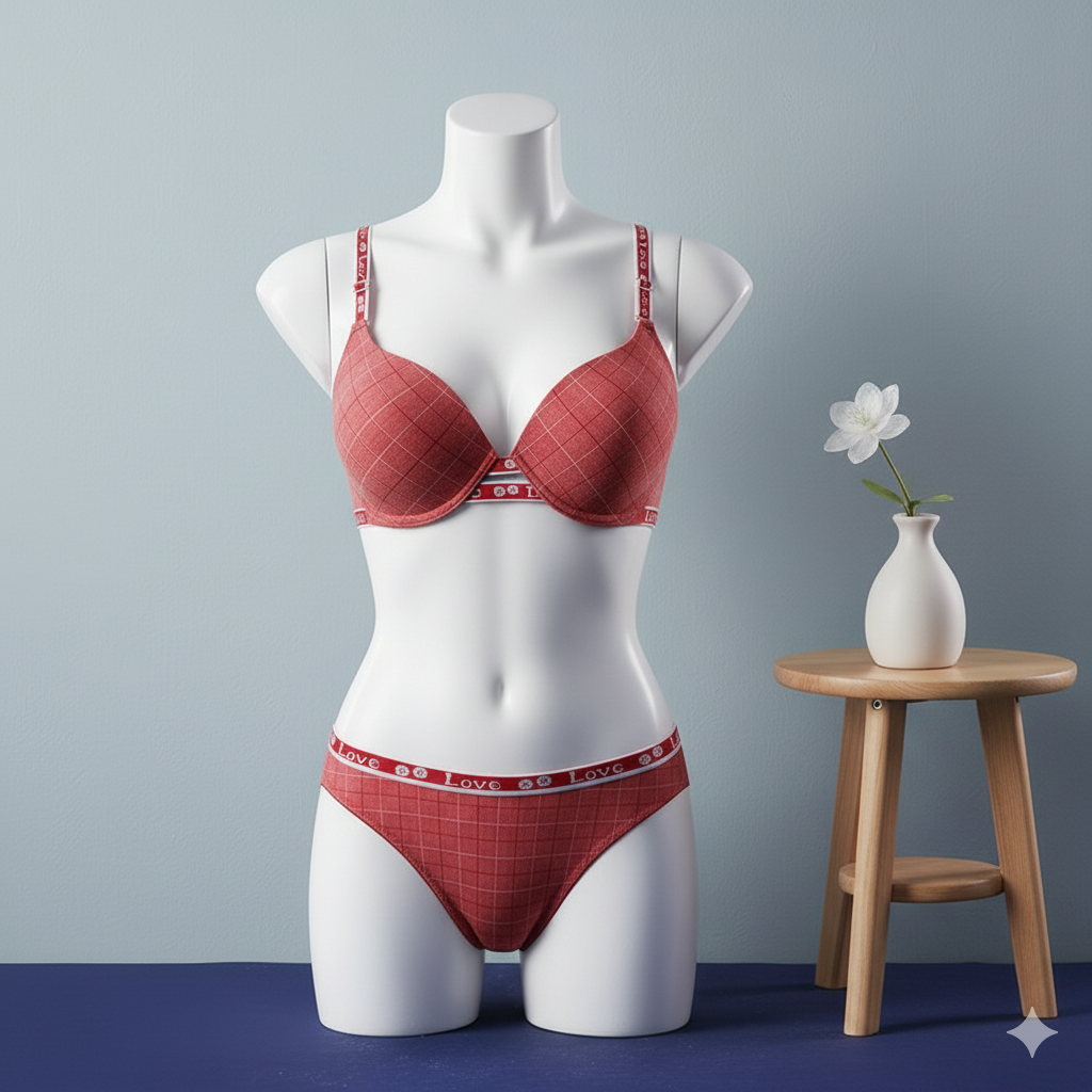 Flourish Check Pattern “Love” Bra & Panty Set – Soft Cotton Comfort Bra & Panty Set 802C
