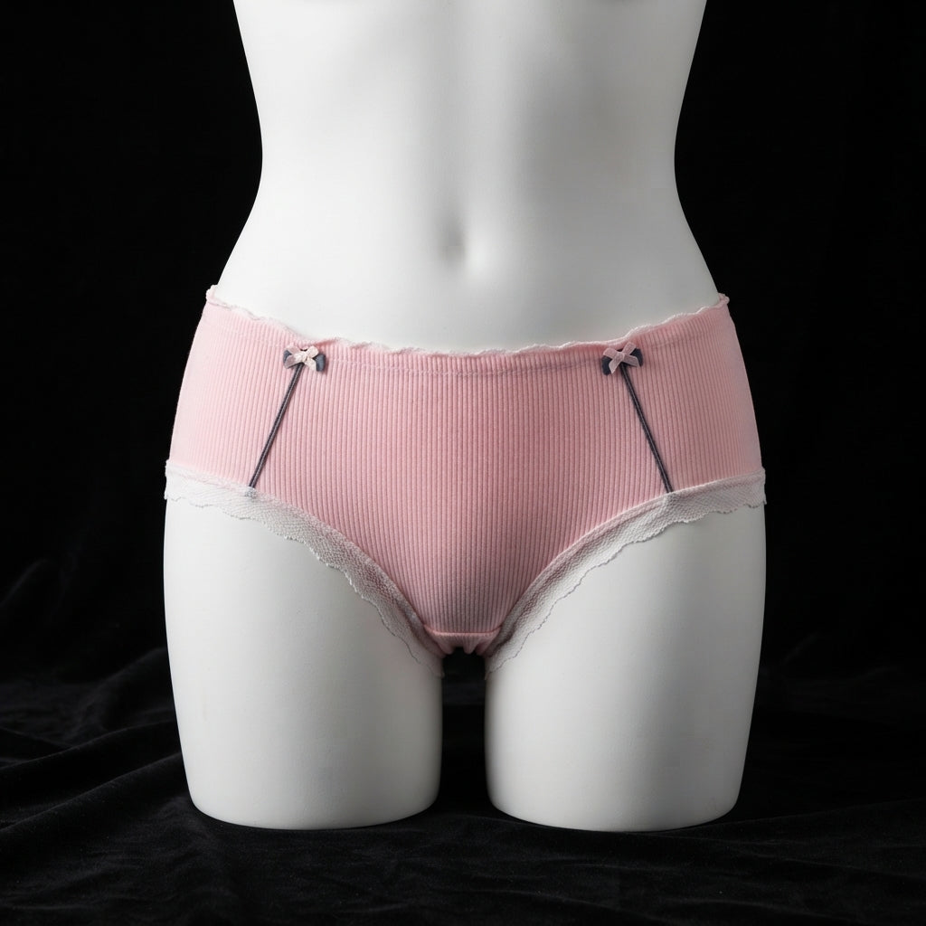 Women's Ribbed Cotton Briefs with Lace Trim & Bow Accents -6126