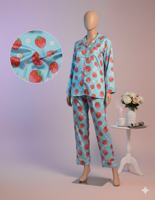 Flourish Women’s Full Sleeve Strawberry Print Pajama Set – Soft & Cozy Nightwear Strawberry Dream