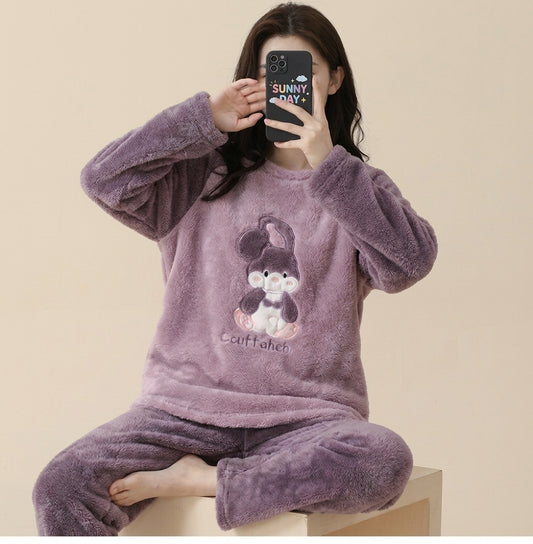 Cute Purple "Care Rabbit" Embroidered Plush Fleece Pajama Set – Soft Winter Sleepwear