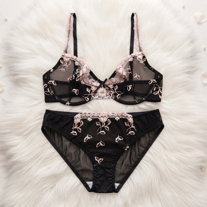 Elegant Non-Padded Floral Embroidered Mesh Bra & Panty Set -9980