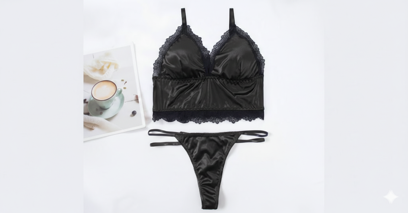 Flourish Satin Lace Bralette & Thong Lingerie Set – Soft Adjustable Straps | Multiple Colors