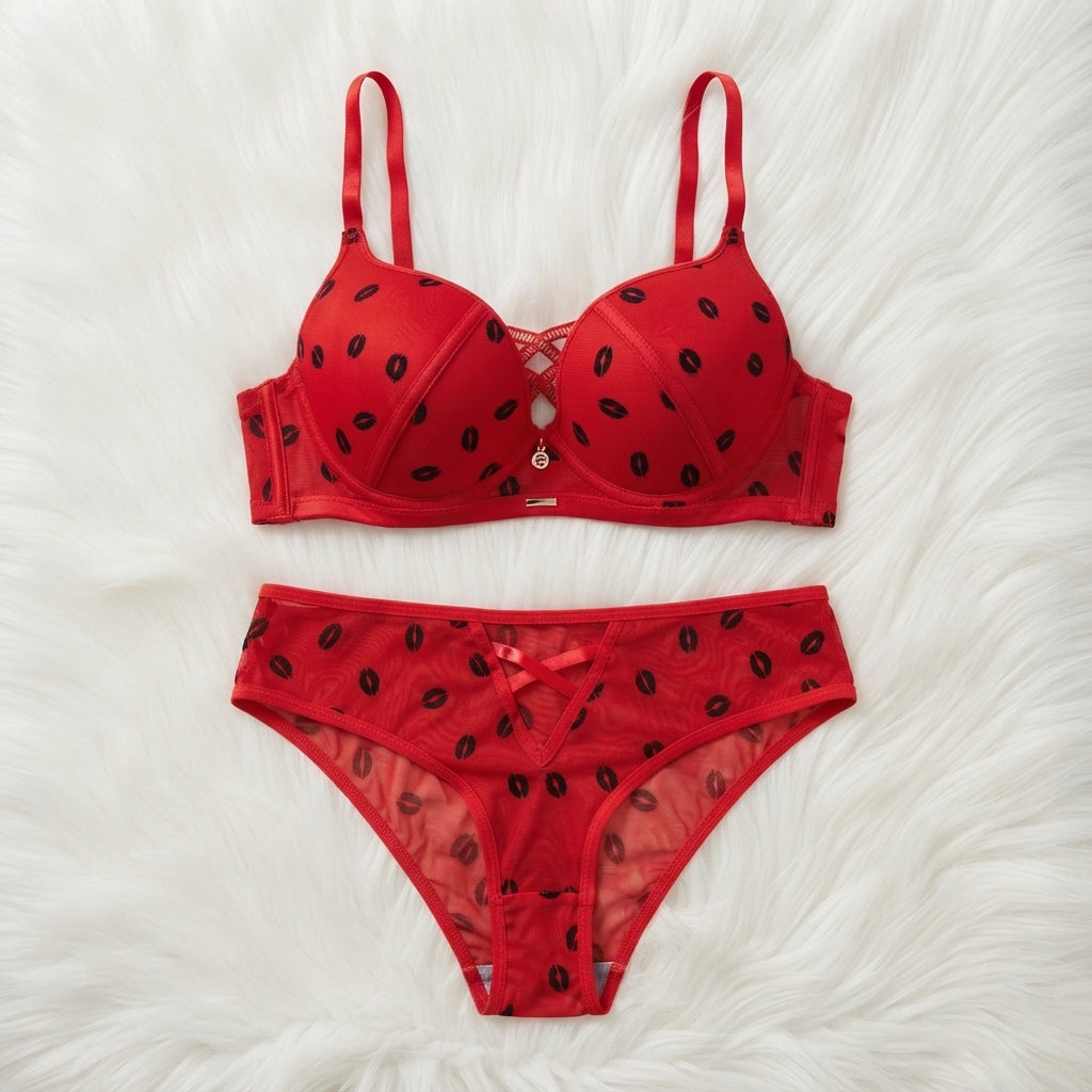 Romantic Lip Print Mesh Lingerie Set – Push-Up Bra & Strappy Panty -2090 Kiss print