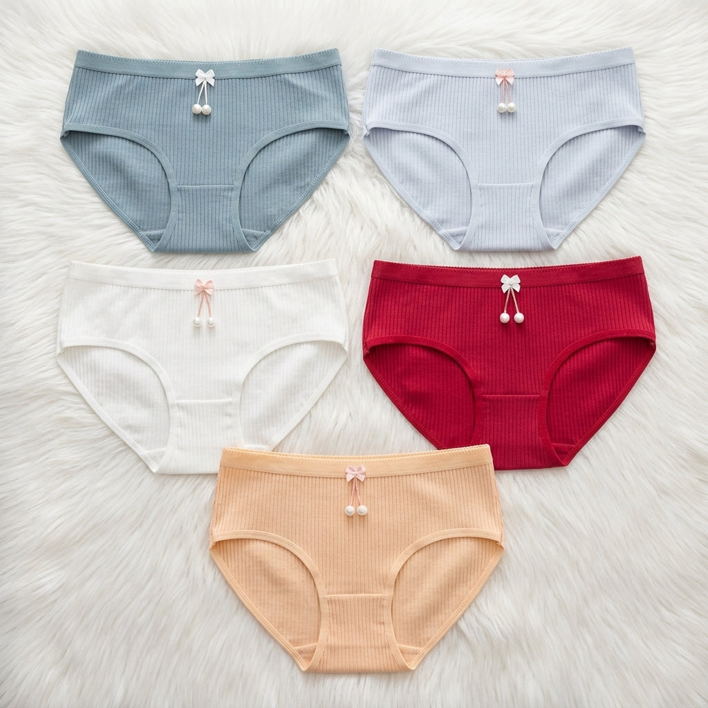 Pack of 3 Women's Ribbed Cotton Panties with Pearl Charm -