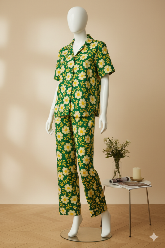 Flourish Women’s Linen Pajama Set – 2-Piece Green Floral Print Nightwear
