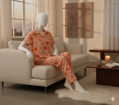 Flourish Women’s Linen Pajama Set – 2-Piece Peach Bloom Print Nightwear