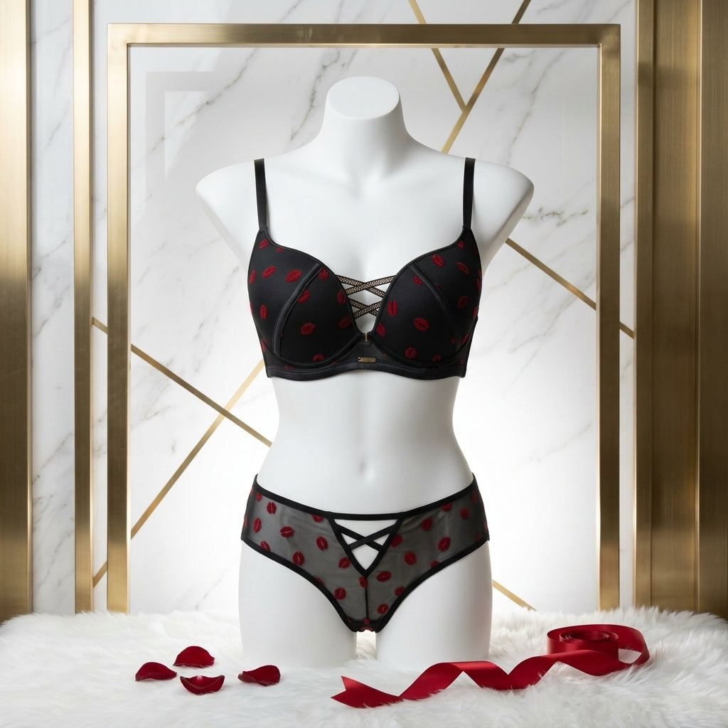 Romantic Lip Print Mesh Lingerie Set – Push-Up Bra & Strappy Panty -2090 Kiss print