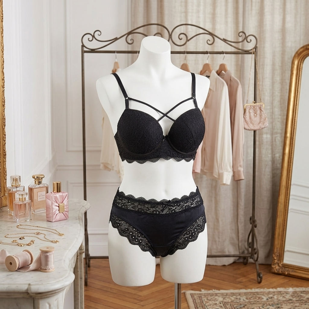 Victoria’s Secret Inspired Premium Black Lace Lingerie Set - Padded Cross-Strap Bra & Panty
