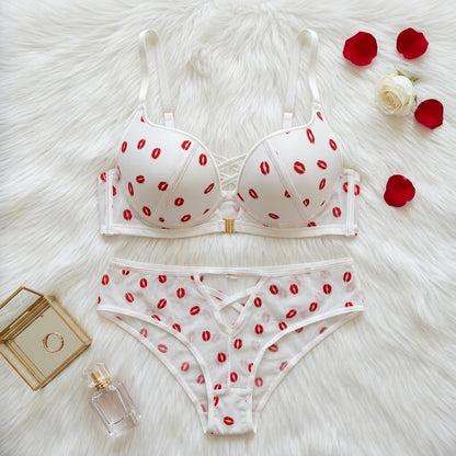 Romantic Lip Print Mesh Lingerie Set – Push-Up Bra & Strappy Panty -2090 Kiss print