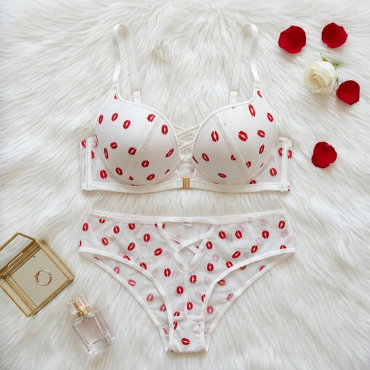 Romantic Lip Print Mesh Lingerie Set – Push-Up Bra & Strappy Panty -2090 Kiss print