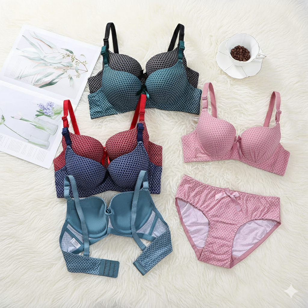 Flourish Wired Dotted Printed Double Padded Bra & Panty Set – Adjustable Straps, Everyday Comfort Lingerie