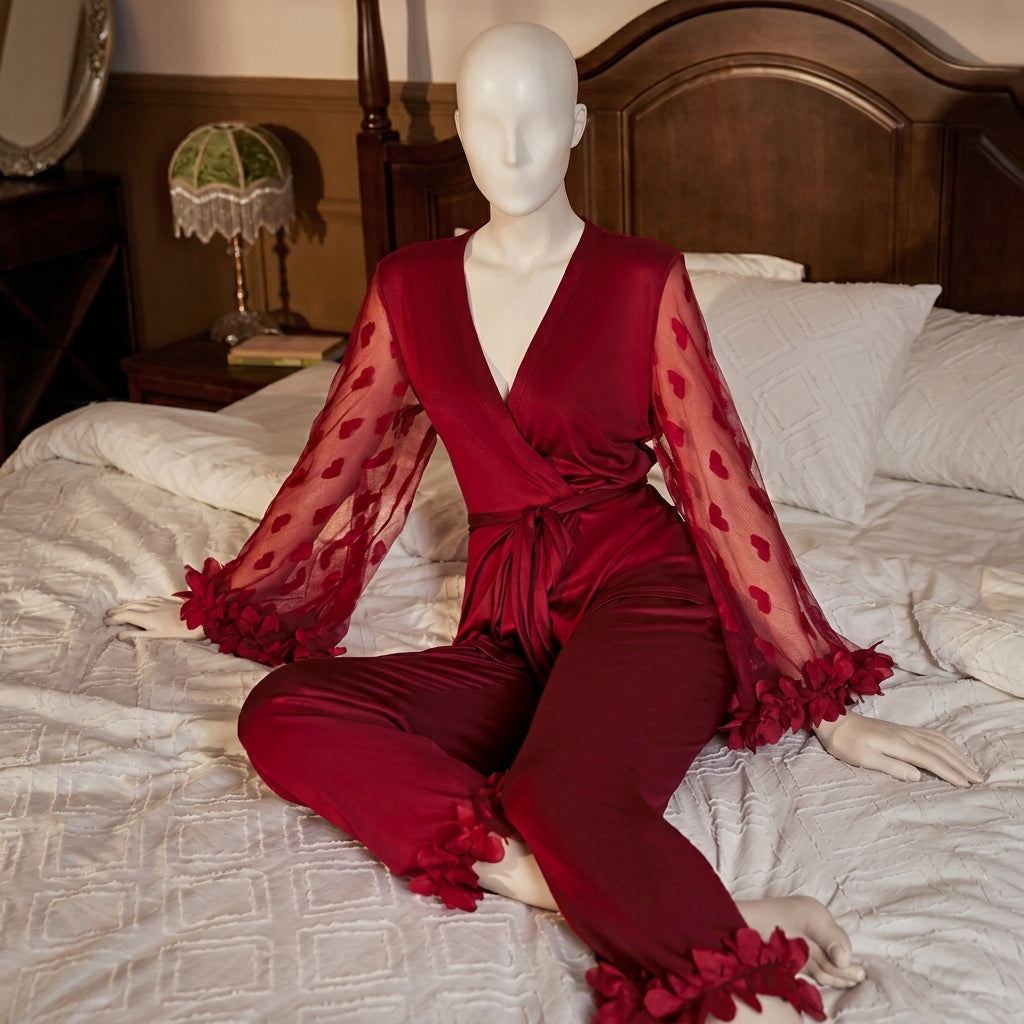 Luxury Milky-Silk  Lounge Set – V-Neck Wrap Top with Heart Mesh Sleeves & Ruffle Cuffs -912