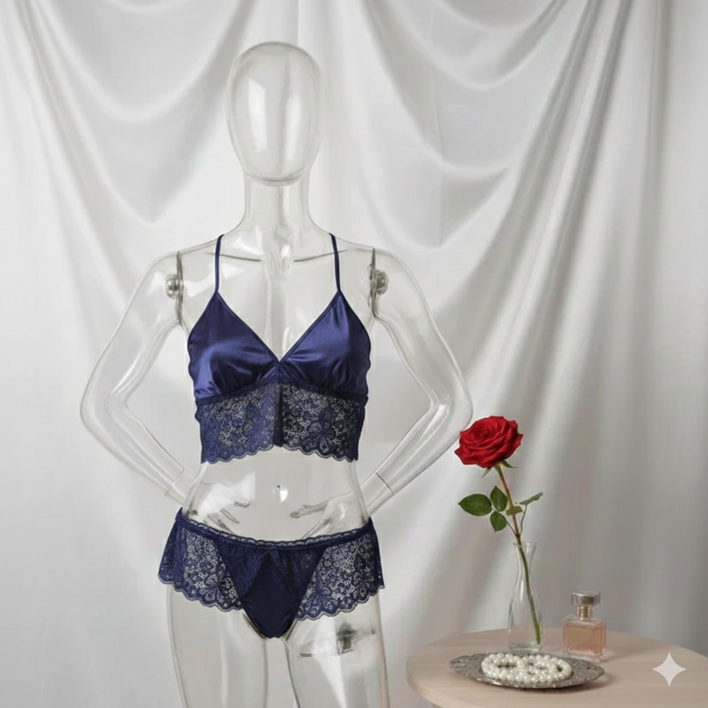 Flourish Satin Lace Bralette & Thong Lingerie Set – Soft Adjustable Straps | Multiple Colors