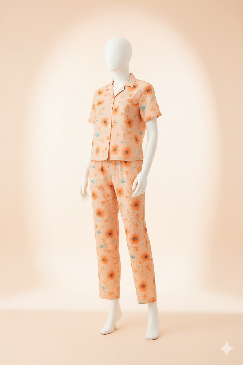 Flourish Women’s Linen Pajama Set – 2-Piece Peach Bloom Print Nightwear
