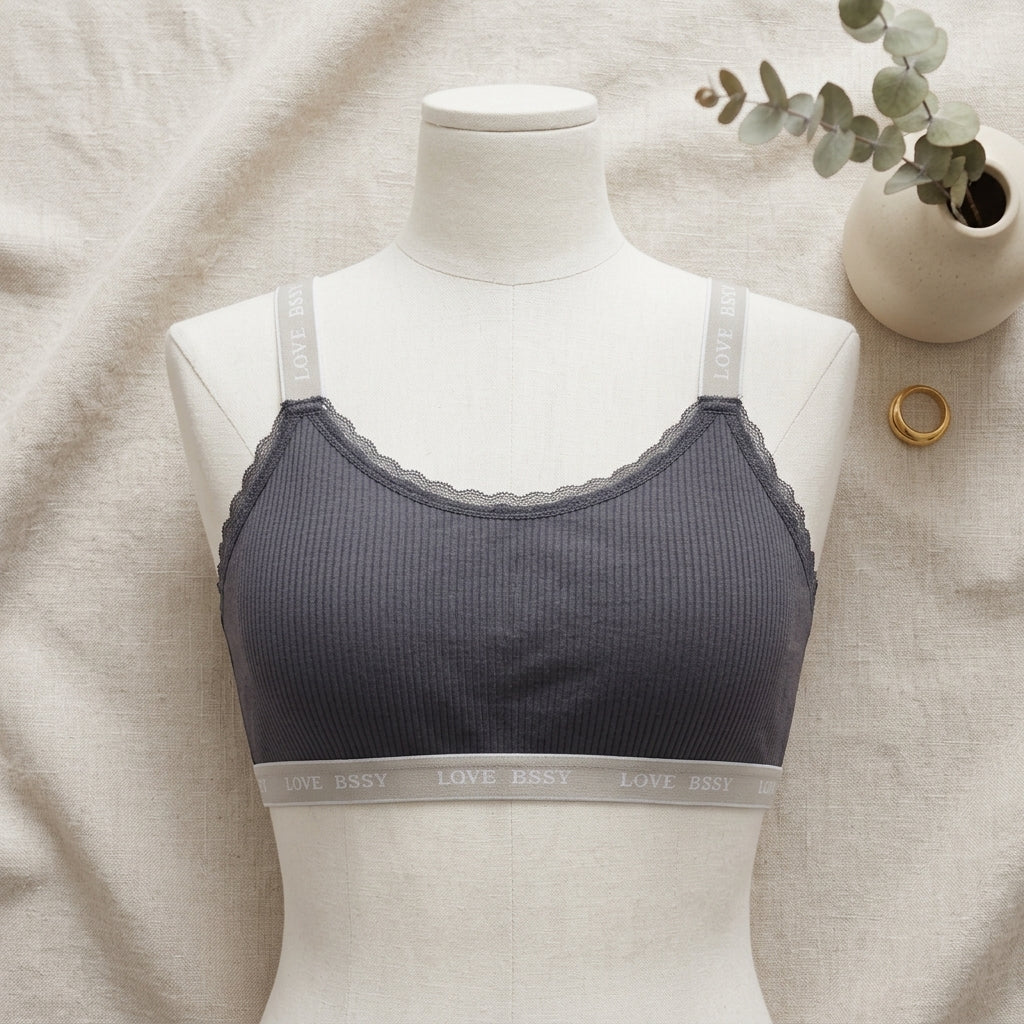 Premium Ribbed Lace-Trim Bralette with Logo Band