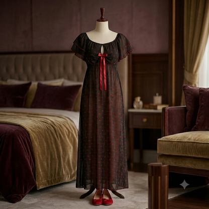 Midnight & Crimson Bow-Detail Maxi Nightgown