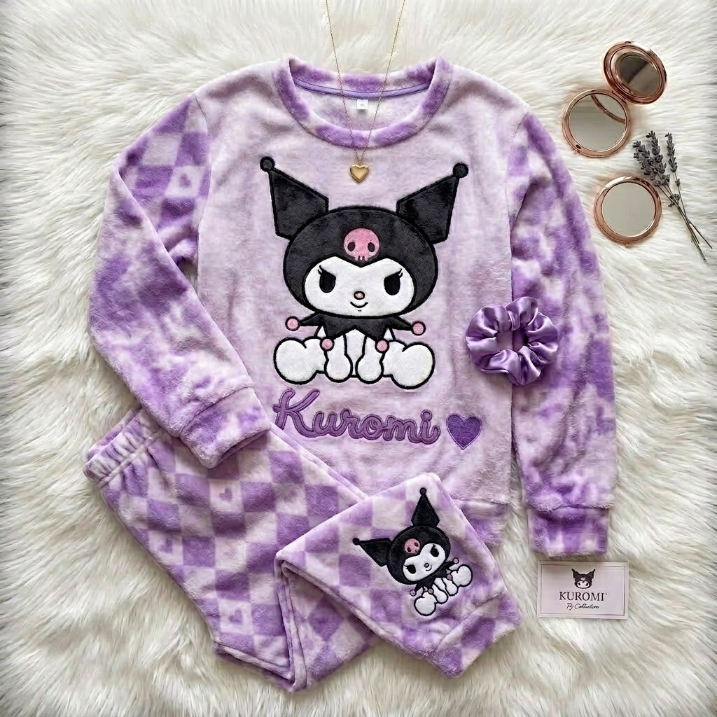 Cute Purple Kuromi Anime Plush Velvet Pajama Set – Warm & Cozy Winter Sleepwear