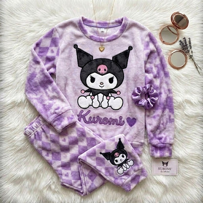 Cute Purple Kuromi Anime Plush Velvet Pajama Set – Warm & Cozy Winter Sleepwear
