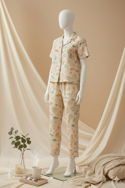 Flourish Women’s Linen Pajama Set – 2-Piece Flower Print Nightwear