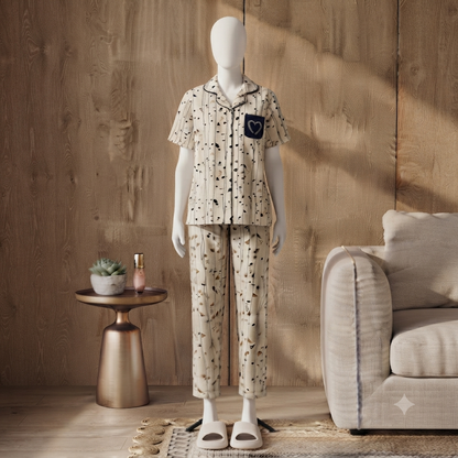 Women's Heart Print Lounge Wear Set – Half Sleeve Button-Up Top with Full-Length Pajama | 2 Piece Nightwear