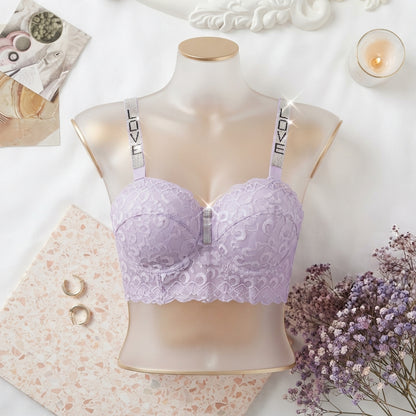 Premium Floral Lace Non-Padded Bralette with Rhinestone LOVE Straps -1014