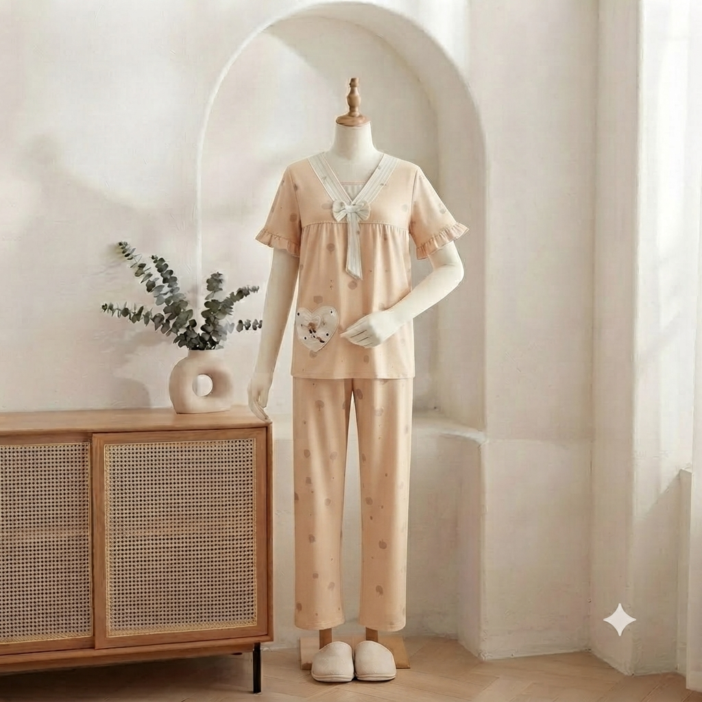 Women's Round Neck Short Sleeve Ruffle Trim Solid Color Nightwear Pajamas - Soft & Comfortable