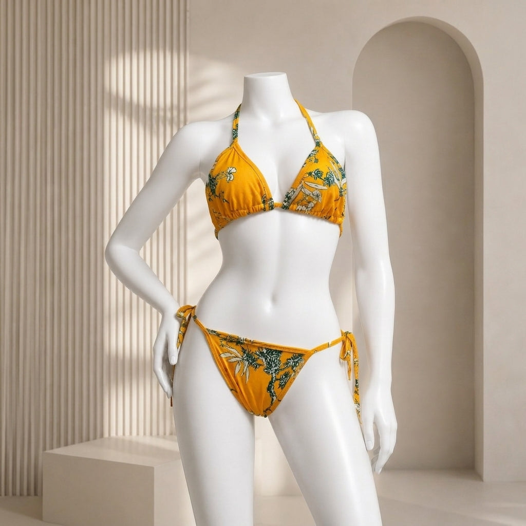 Women's Padded Triangle Bikini Set – Floral & Geometric Print Beachwear BIK-1125