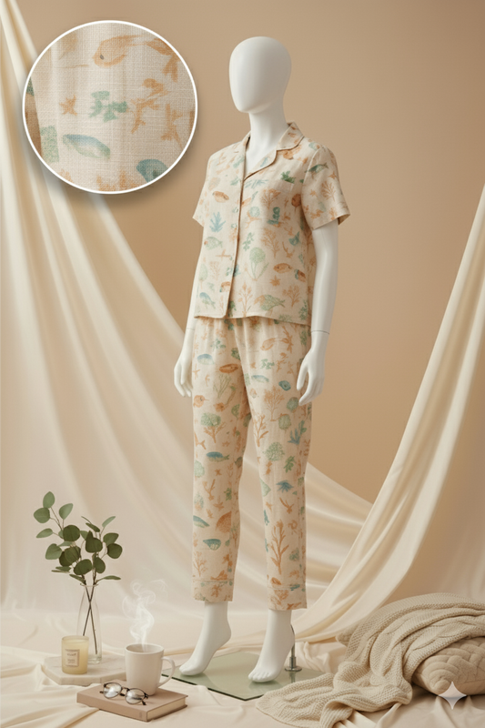 Flourish Women’s Linen Pajama Set – 2-Piece Flower Print Nightwear