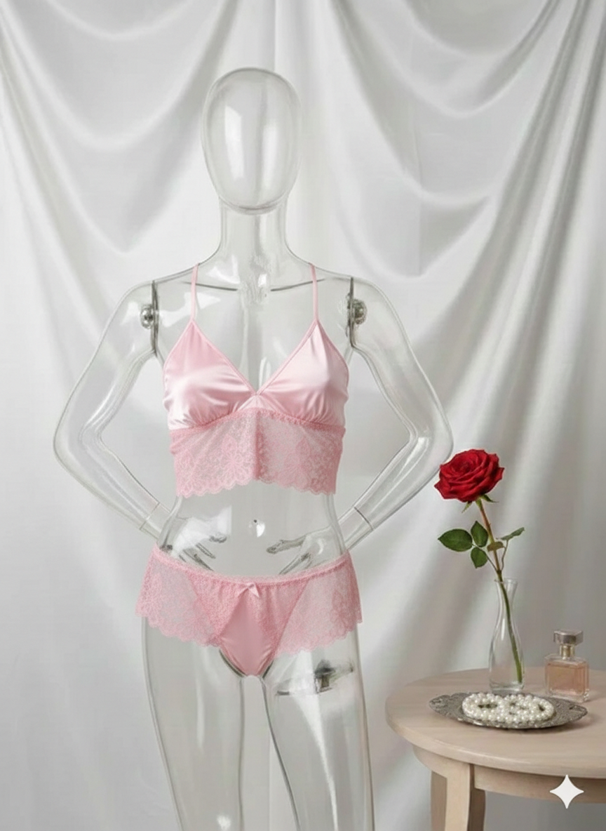 Flourish Satin Lace Bralette & Thong Lingerie Set – Soft Adjustable Straps | Multiple Colors