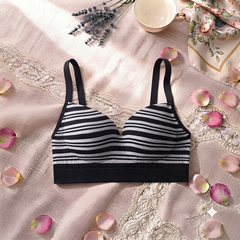 Striped Light Padded Cotton Bra – Wire-Free Everyday Comfort | Adjustable Straps